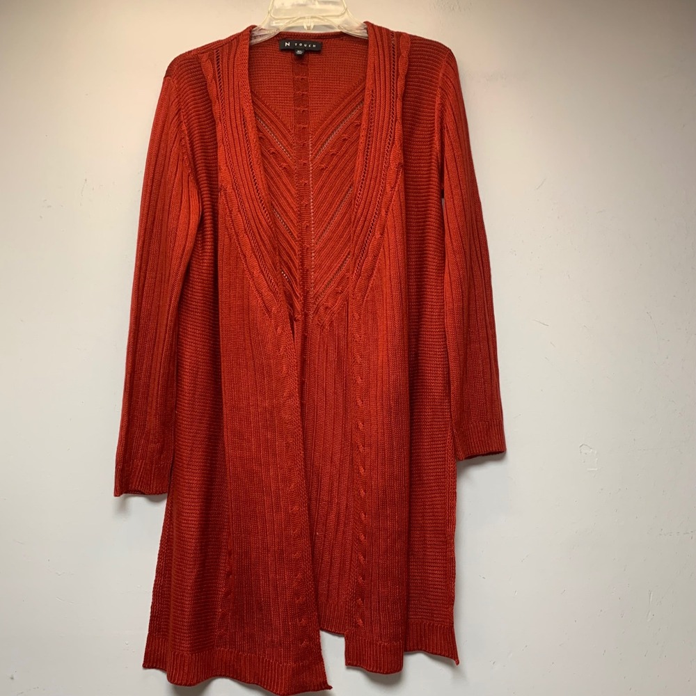 N Touch Cardigan Women XL Orange Excellent Longline Cable Knit Open Front 1203
